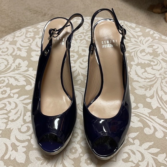 Stuart Weitzman Patent leather pumps in dark purplish blue, 5 inch heels. - Picture 2 of 5